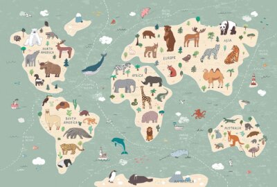 Fototapete Animals vector hand drawn world map
