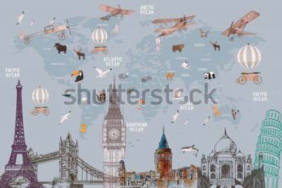 Fototapete Animals world map and famous landmarks of the world for kids wallpaper design