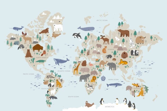 Fototapete Animals world map for kids. Poster with cute vector animals in flat style. Cartoon doodle characters in scandinavian style for children