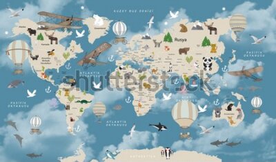 Fototapete Animals world map for kids wallpaper design Turkish articles