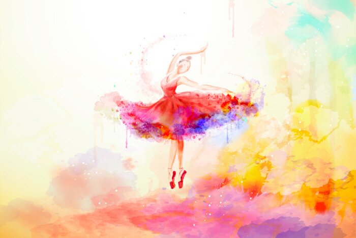 Fototapete Aquarell Ballerina auf einem bunten Hintergrund
