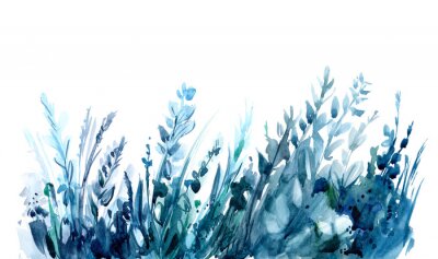 Fototapete Aquarell-Blätter und -Kräuter in Blautönen