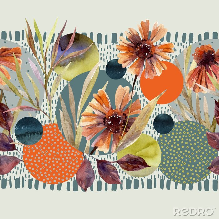 Fototapete Aquarell-Blumen auf geometrischem Hintergrund