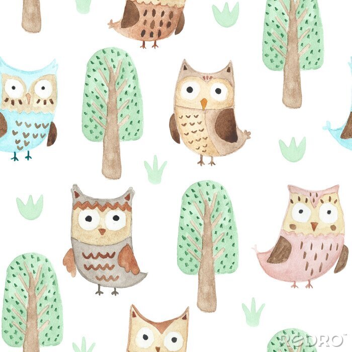 Fototapete Aquarell Eulen in den Wäldern nahtlose Muster
