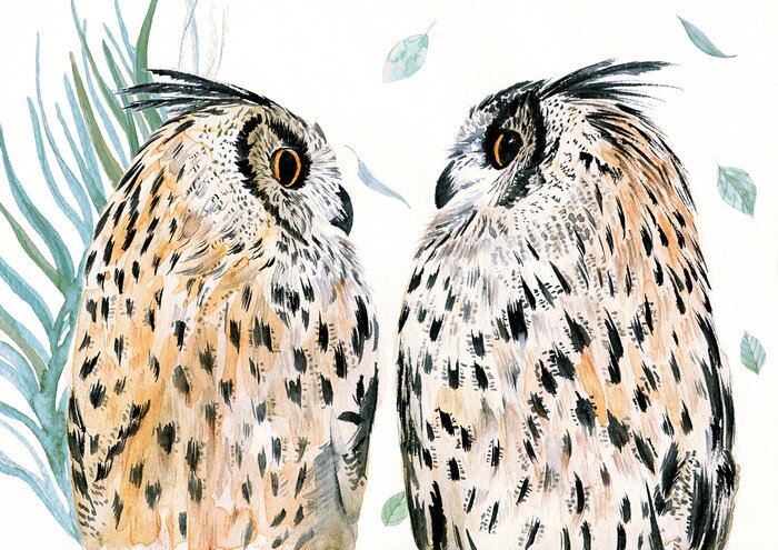 Fototapete Aquarell-Eulenpaar mit gesprenkelten strohgelb-schwarzen Federn