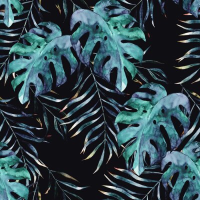 Aquarell exotischen nahtlose Muster, grüne tropische Blätter, botanische Sommer Illustration auf schwarzem Hintergrund
