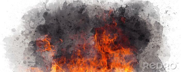 Fototapete Aquarell-Flammen des Feuers im Rauch