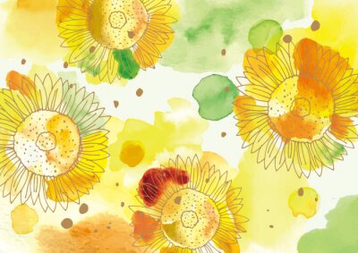 Fototapete Aquarell-Flecken auf Sonnenblumen