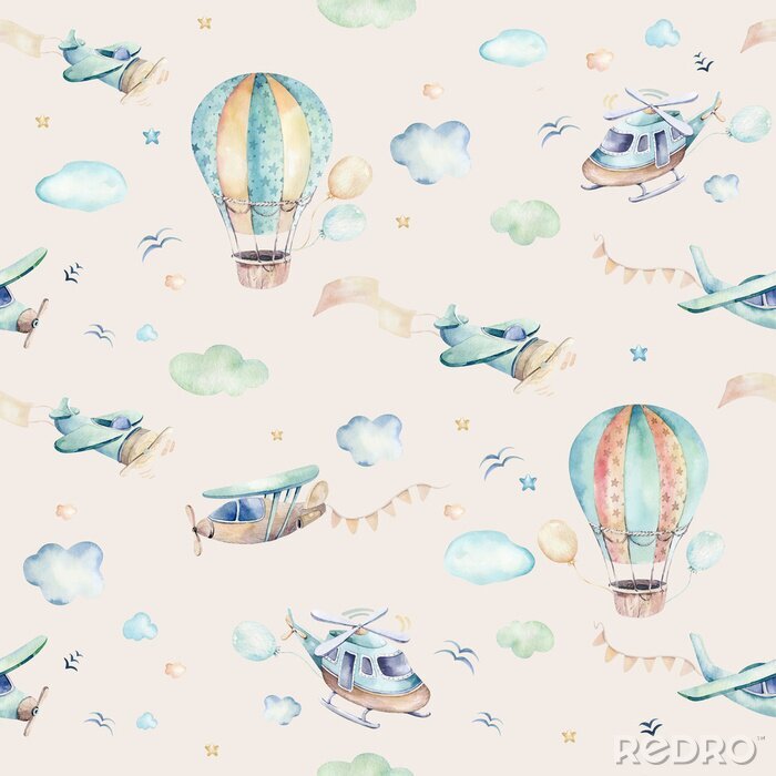 Fototapete Aquarell Flugzeuge und Luftballons zwischen den Wolken