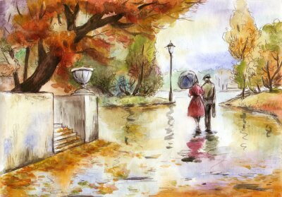 Aquarell handgemalte Gemälde Landschaft mit einem Paar im Herbst Park