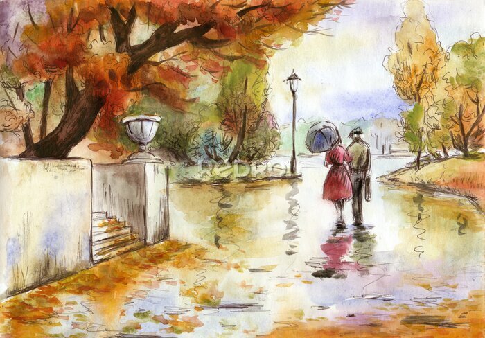 Fototapete Aquarell handgemalte Gemälde Landschaft mit einem Paar im Herbst Park