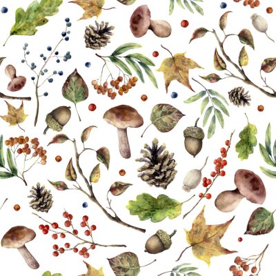 Aquarell Herbst Wald Muster. Hand bemalte Pilze, Eberesche, Herbst Blätter, Baum Zweig, Tannenzapfen, Beere und Eichel isoliert auf weißem Hintergrund. Natur Illustration für Design.