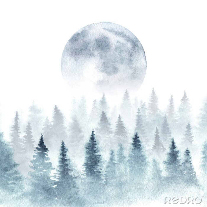 Fototapete Aquarell-Landschaft mit Mond über Baumkronen