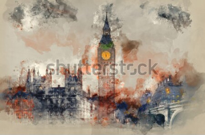 Fototapete Aquarell London mit Big Ben und Parlament