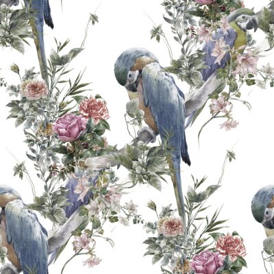 Aquarell Malerei mit Vögeln und Blumen, nahtlose Muster auf weißem Hintergrund