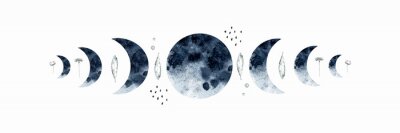 Fototapete Aquarell-Mond mit Federn und Blumen im Boho-Stil