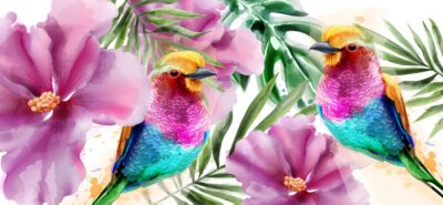 Fototapete Aquarell-Muster mit tropischen Vögeln inmitten von Blumen