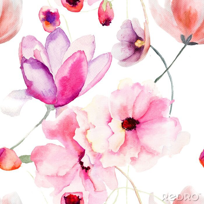 Fototapete Aquarell nahtlose Muster mit rosa Blumen