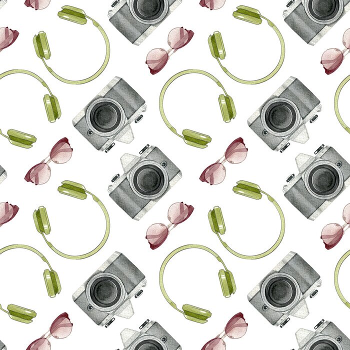 Fototapete Aquarell Reise Zubehör. Nahtlose helle stilvolle Muster mit Foto-Kamera, Sonnenbrillen und Kopfhörer.