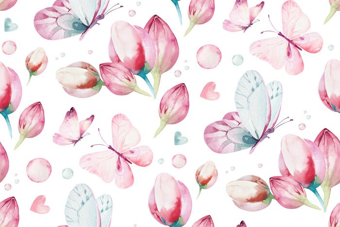 Fototapete Aquarell-Schmetterlinge inmitten von Blumen auf weißem Hintergrund