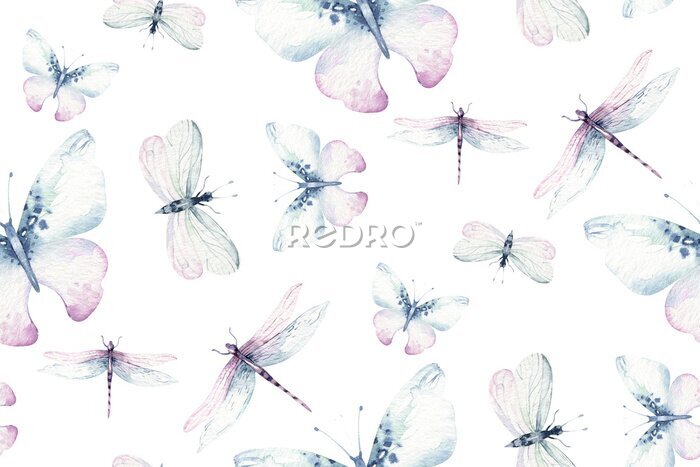 Fototapete Aquarell-Schmetterlinge und Libellen auf weißem Hintergrund