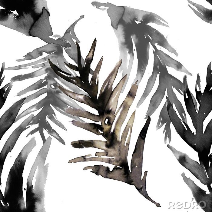 Fototapete Aquarell schwarz Blatt Hand gezeichnet nahtlose Muster
