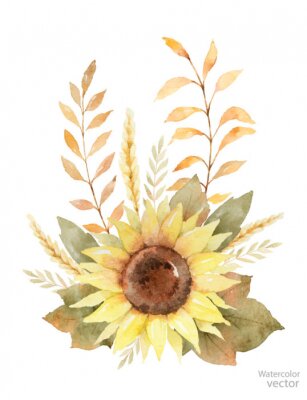 Fototapete Aquarell-Sonnenblumen im Boho-Stil