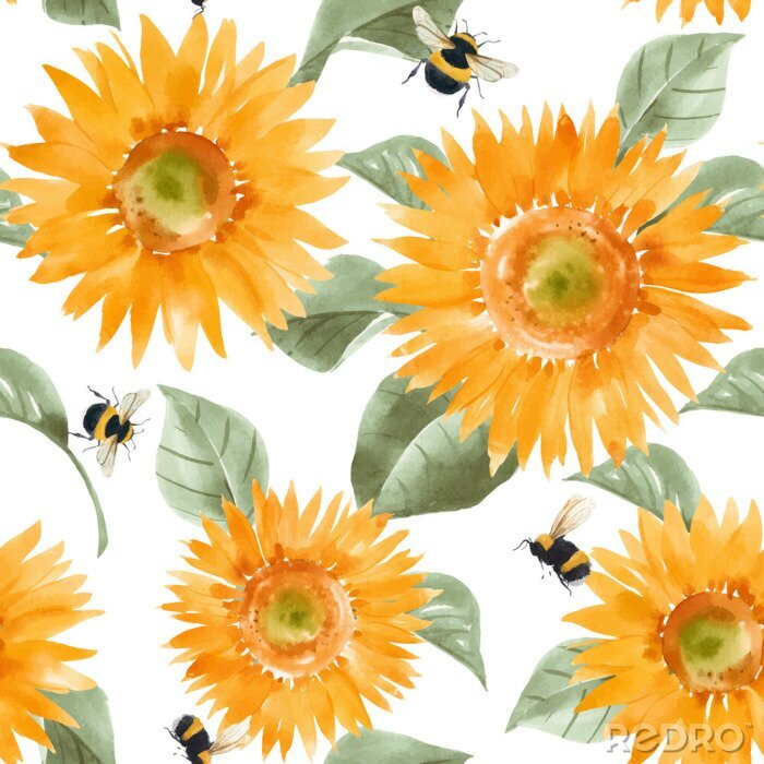 Fototapete Aquarell-Sonnenblumen und Bienen