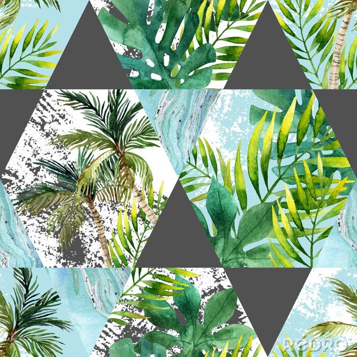 Fototapete Aquarell tropischen Blättern und Palmen in geometrischen Formen nahtlose Muster