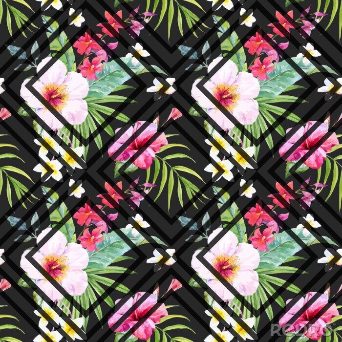 Fototapete Aquarell tropischen Blumenmuster