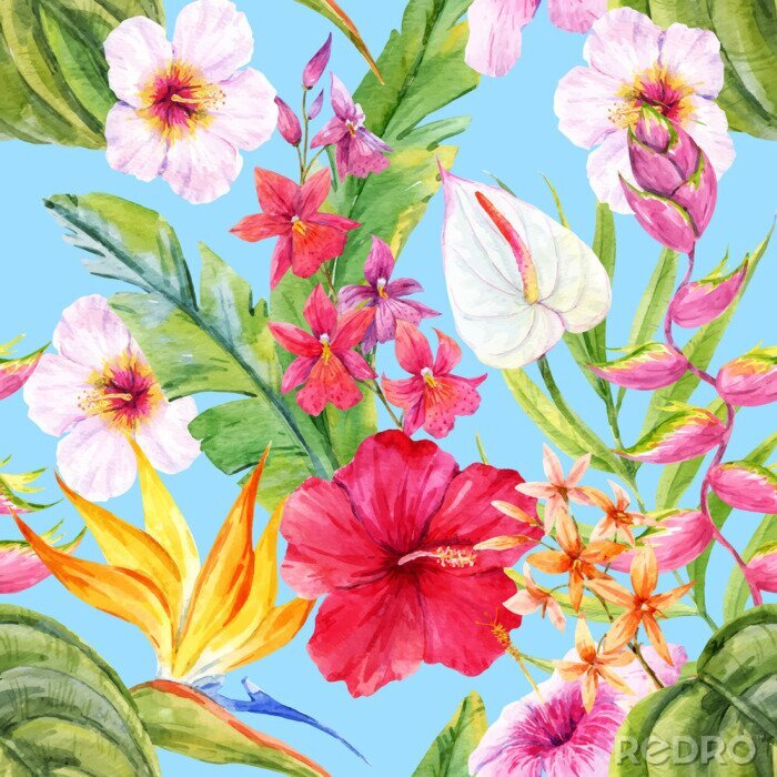 Fototapete Aquarell tropischen Blumenmuster