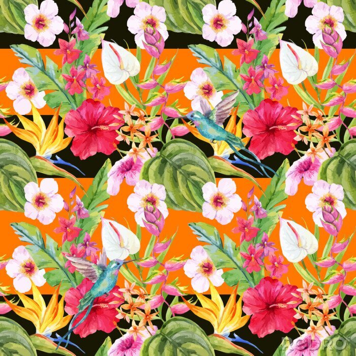 Fototapete Aquarell tropischen Blumenmuster