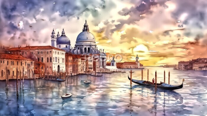 Fototapete Aquarell von Venedig vor dem Hintergrund eines Sonnenuntergangs