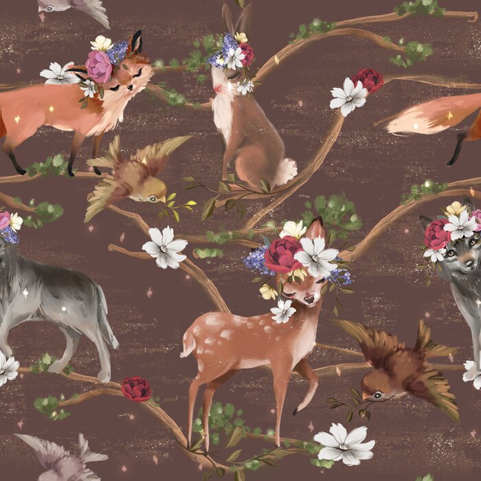 Fototapete Aquarell Waldtiere und Blumen