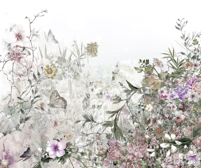 Fototapete Aquarellmalerei von Blättern und von Blume, auf weißem Hintergrund