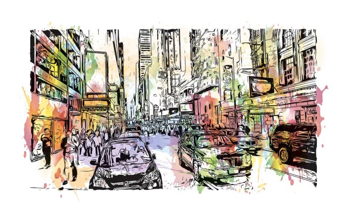 Fototapete Aquarellspritzen mit Hand gezeichneter Skizze von New York City, USA in der Vektorillustration.