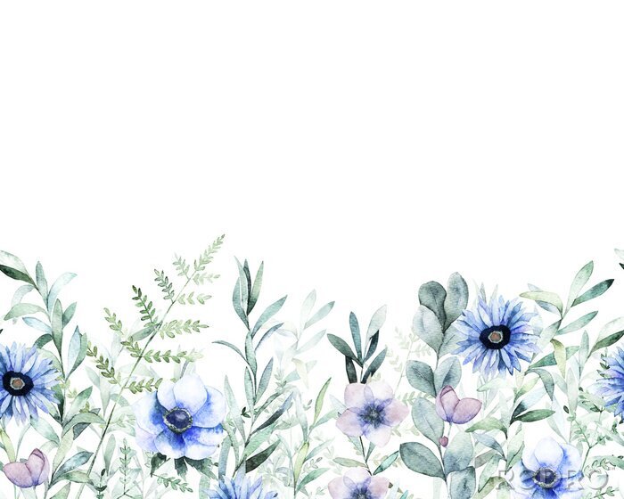 Fototapete Aquarellstreifen einer Wiese mit blauen Blumen
