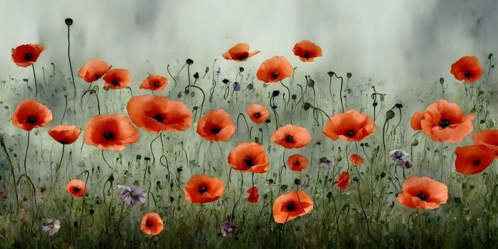 Fototapete Aquarellwiese mit roten Blumen