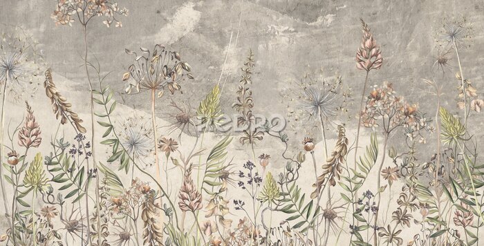 Fototapete Art drawing in vintage style in light beige tones, wallpaper on which dried flowers are depicted, texture background.