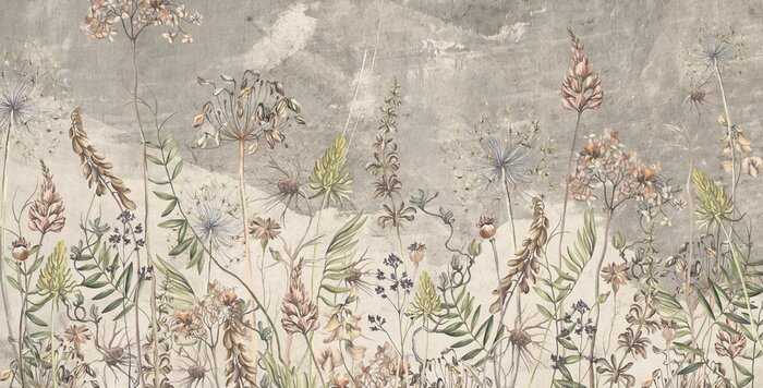Fototapete Art drawing in vintage style in light beige tones, wallpaper on which dried flowers are depicted, texture background.