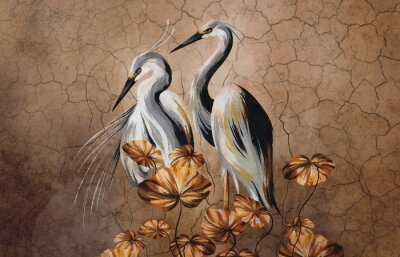 Fototapete Art painted birds in beige tones, photo wallpaper