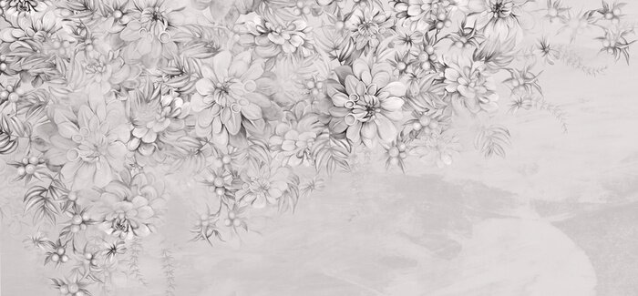 Fototapete Art painted flowers on the textured wall photo wallpaper in the interior in black and white style