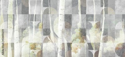 Fototapete Artistic forest with yellow, watercolor greenery, can be used as invitation card or wallpaper. Mural.