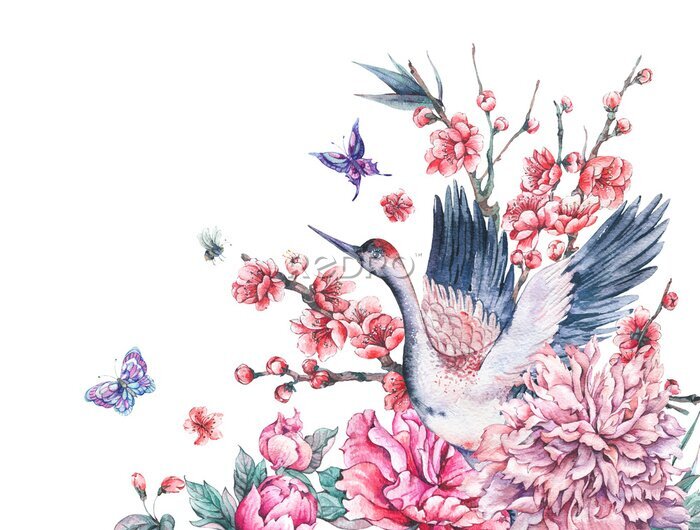Fototapete Asiatische Komposition mit einem Vogel und Schmetterlingen