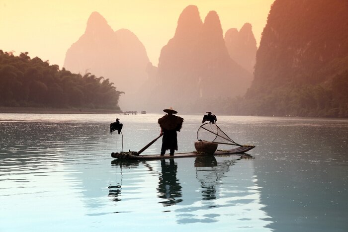 Fototapete Asiatischer Fischer mit Kormoranen