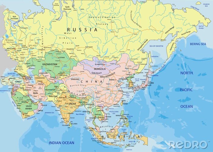 Fototapete Asien - sehr detaillierte editierbare politische Karte.