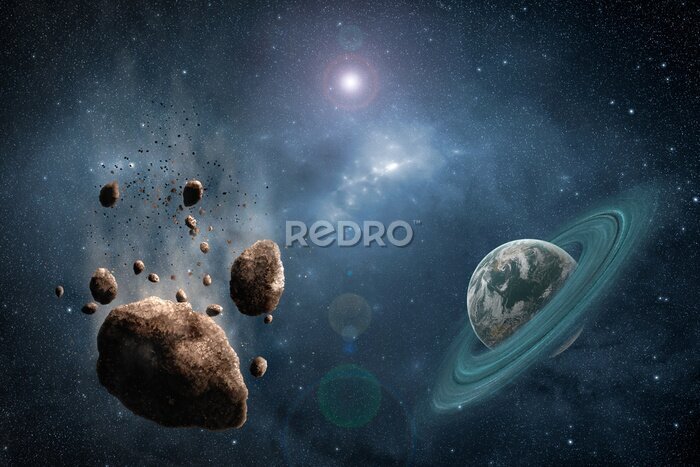 Fototapete Asteroiden und ein Planet mit einem Ring im Weltraum