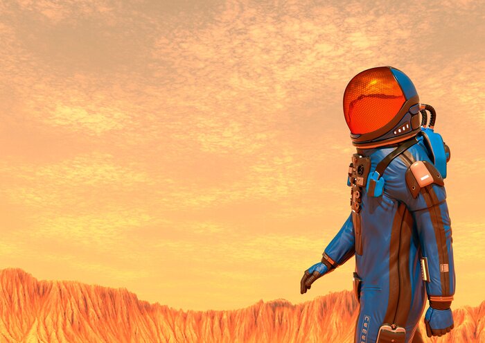 Fototapete astronaut exploring mars walking alone