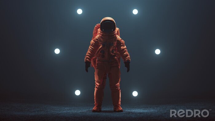 Fototapete Astronaut in einem roten Anzug, umgeben von Lichtern