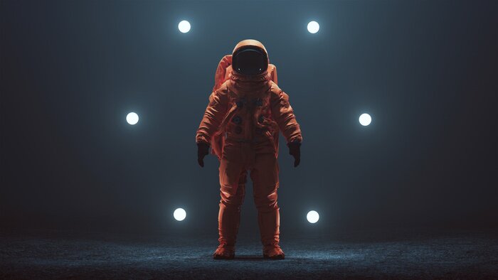 Fototapete Astronaut in einem roten Anzug, umgeben von Lichtern
